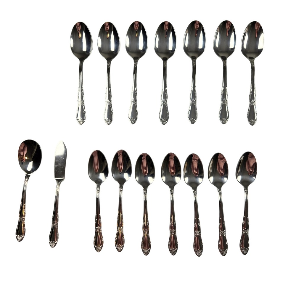 Wm A Rogers Oneida Flatware Set 16pc Stainless Steel Floral Spoons Silverware